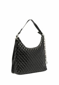 Borsa a tracolla nera trapuntata con una forma curva, dotata di un manico singolo e un accent decorativo a catena. Materiale in pelle liscia con una finitura lucida.