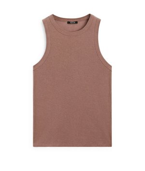 Canotta marrone a coste con spalline larghe e scollatura rotonda. Presenta un tessuto morbido e elasticizzato con un design semplice.
