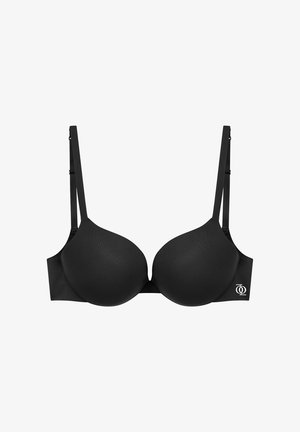 Black padded bra with adjustable straps, smooth texture, underwire support, and a logo accent on the side. Simple cup design.