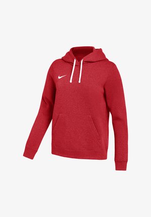 Roter Nike Kapuzenpullover mit weißen Kordeln und vorderer Kängurutasche, dargestellt vor weißem Hintergrund.