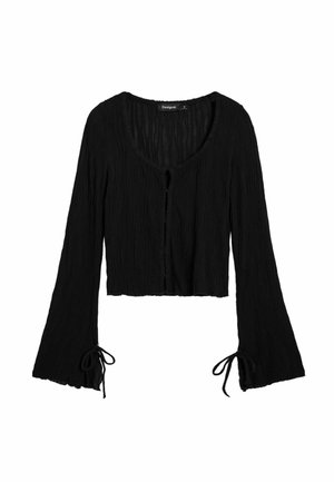 Blusa nera cropped a maniche lunghe con sottile texture verticale, scollo rotondo, bottoni frontali e lacci sui polsini delle maniche svasate.
