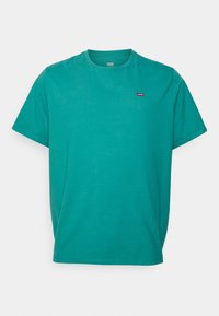 T-shirt in cotone teal con maniche corte e collo a giro. Piccola etichetta rossa sul petto sinistro. Texture liscia, vestibilità comoda.
