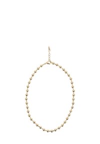 Halskette mit goldfarbener Perlenoptik, die gleichmäßig runde Perlen, einen verstellbaren Kettenverschluss und eine glatte metallische Oberfläche aufweist.