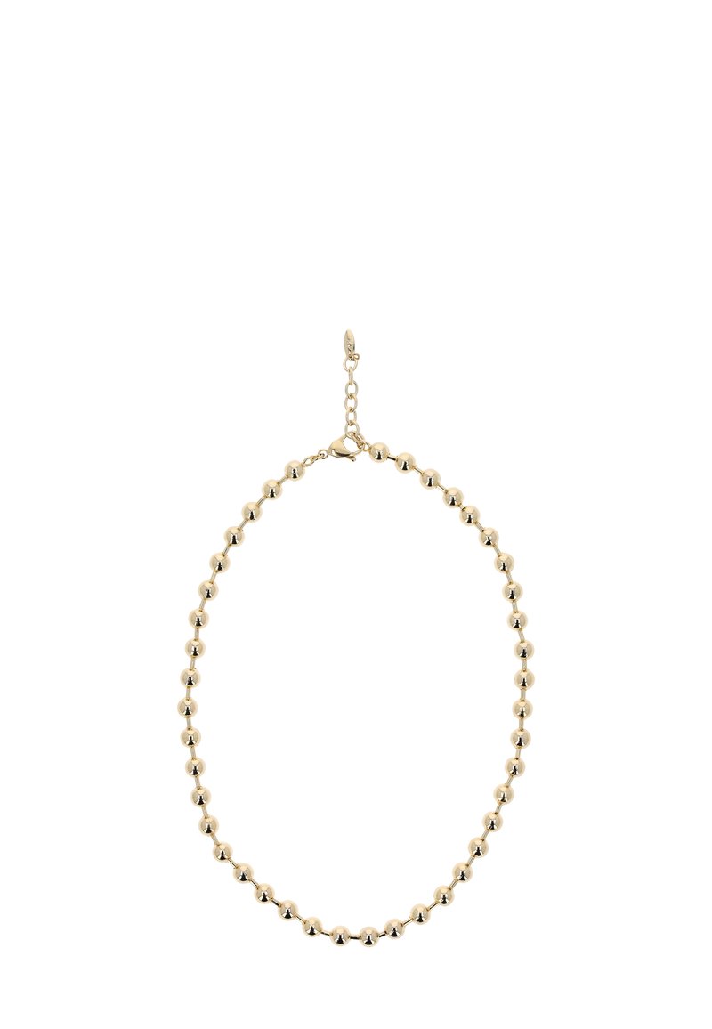 Halskette mit goldfarbener Perlenoptik, die gleichmäßig runde Perlen, einen verstellbaren Kettenverschluss und eine glatte metallische Oberfläche aufweist.