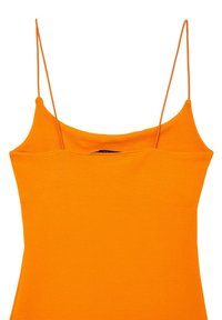 Top arancione senza maniche con spalline sottili, realizzato in tessuto morbido. Il design presenta un neckline dritto e una texture liscia.