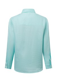 Light blue, long-sleeve shirt with a collared neck, made from a textured fabric. Features buttoned cuffs and a straight hem.
