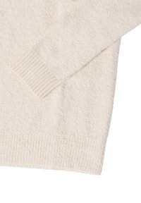 Pull en polaire beige clair avec une surface douce et texturée, des poignets et un ourlet côtelés. Présente une coupe décontractée et aucune ornementation visible.