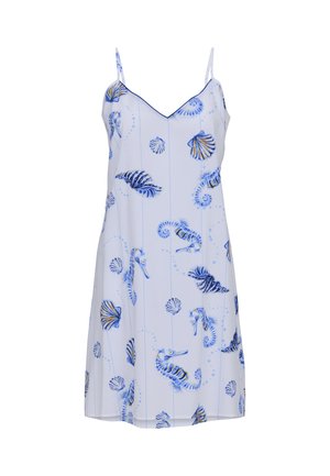 Vestito bianco senza maniche con sottili spalline, caratterizzato da motivi di cavallucci marini e conchiglie blu e gialle.