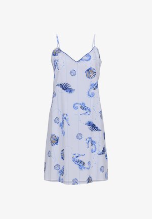 Vestito bianco senza maniche con sottili spalline, caratterizzato da motivi di cavallucci marini e conchiglie blu e gialle.