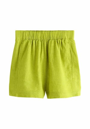 Limonkowe, casualowe szorty z elastyczną talią i bocznymi kieszeniami, wykonane z lekkiego materiału.