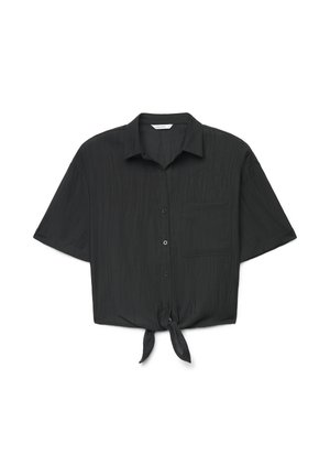 Black short-sleeve button-up blouse with a collar, chest pocket, textured fabric, and a front tie at the hem.