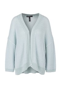 Helles blaues gestricktes Cardigan mit V-Ausschnitt, überschnittenen Schultern und offenem Vorderteil. Strukturiertes Material mit Rippenbund und Bündchen.