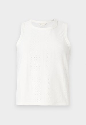 Top bianco senza maniche con motivi ad occhio, scollatura rotonda e taglio dritto. Realizzato in tessuto leggero con una texture liscia.