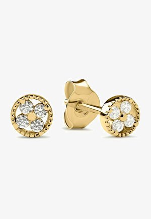 Guld studs med en rund design og fem klare krystaller arrangeret i et blomsterpattern, sat inden for en perlekant.