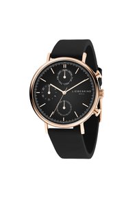 Ronde chronograaf horloge met een zwarte wijzerplaat, rose-gouden kast en silicone band. Kenmerkt zich door drie sub-wijzerplaten en zilveren uuraanduidingen.