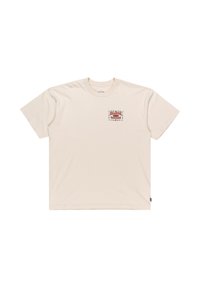 Beige cotton t-shirt with a crew neck and short sleeves. Front features a colorful graphic design with decorative elements.