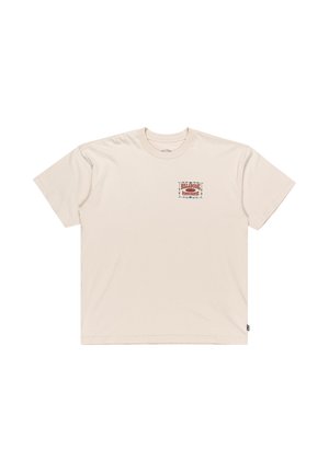 T-shirt in cotone beige con collo rotondo e maniche corte. Il fronte presenta un design grafico colorato con elementi decorativi.