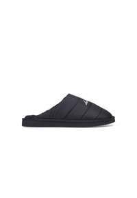 Black quilted slip-on slipper with a synthetic upper, textured lining, and a durable black rubber sole. Features a white logo accent.