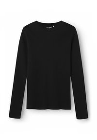 Črna majica z dolgimi rokavi in okroglim izrezom, preprost dizajn, položena ravno na belo ozadje.