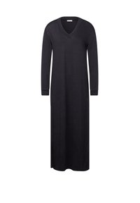 Svart långärmad klänning med V-halsringning, tillverkad av mjukt tyg. Har en rak silhuett och sidokilar vid fållen för ökad rörelsefrihet.