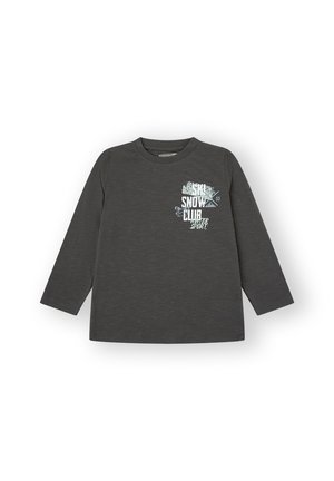 Camiseta de manga larga gris hecha de una tela suave, con un gráfico de deportes de invierno en colores claros que incluye montañas y esquís.