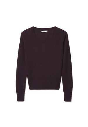 Maglione a V lavorato a maglia viola scuro con maniche lunghe e polsini e orlo a coste, taglia piccola, mostrato su sfondo bianco.