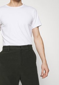 White cotton t-shirt with short sleeves paired with dark green cotton trousers. Trousers feature a front button closure and side pockets.