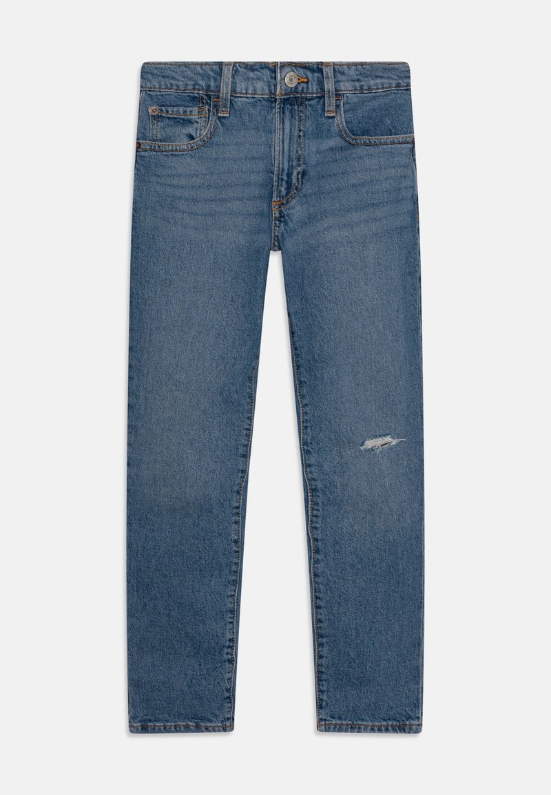 Jean en denim bleu droit avec poches avant et arrière, fermeture par bouton et une petite déchirure usée sur la cuisse droite.