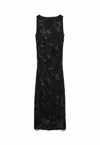 Černé šaty bez rukávů s třírozměrnými květinovými aplikacemi, přiléhavým střihem a hladkou texturou. Klasický design po kolena.
