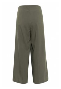 Olivegrüne weite Hosen mit glatter Textur, zwei Gesäßtaschen und einem hochgeschnittenen Design mit sauberem Finish.