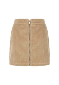 Gonna mini in corduroy beige, con texture a coste verticale, vita alta e chiusura con zip frontale. Design semplice con linee pulite.