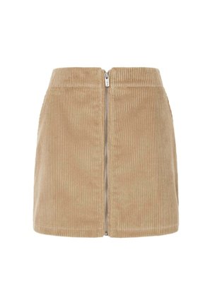 Beige Corduroy Minirock mit vertikal geripptem Textur, hoher Taille und einem Reißverschluss auf der Vorderseite. Schlichtes Design mit klaren Linien.