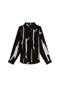 Czarna koszula zapinana na guziki z wzorem pociągnięć pędzla w beżu i bieli. Posiada kołnierzyk, długie rękawy i gładką teksturę materiału.