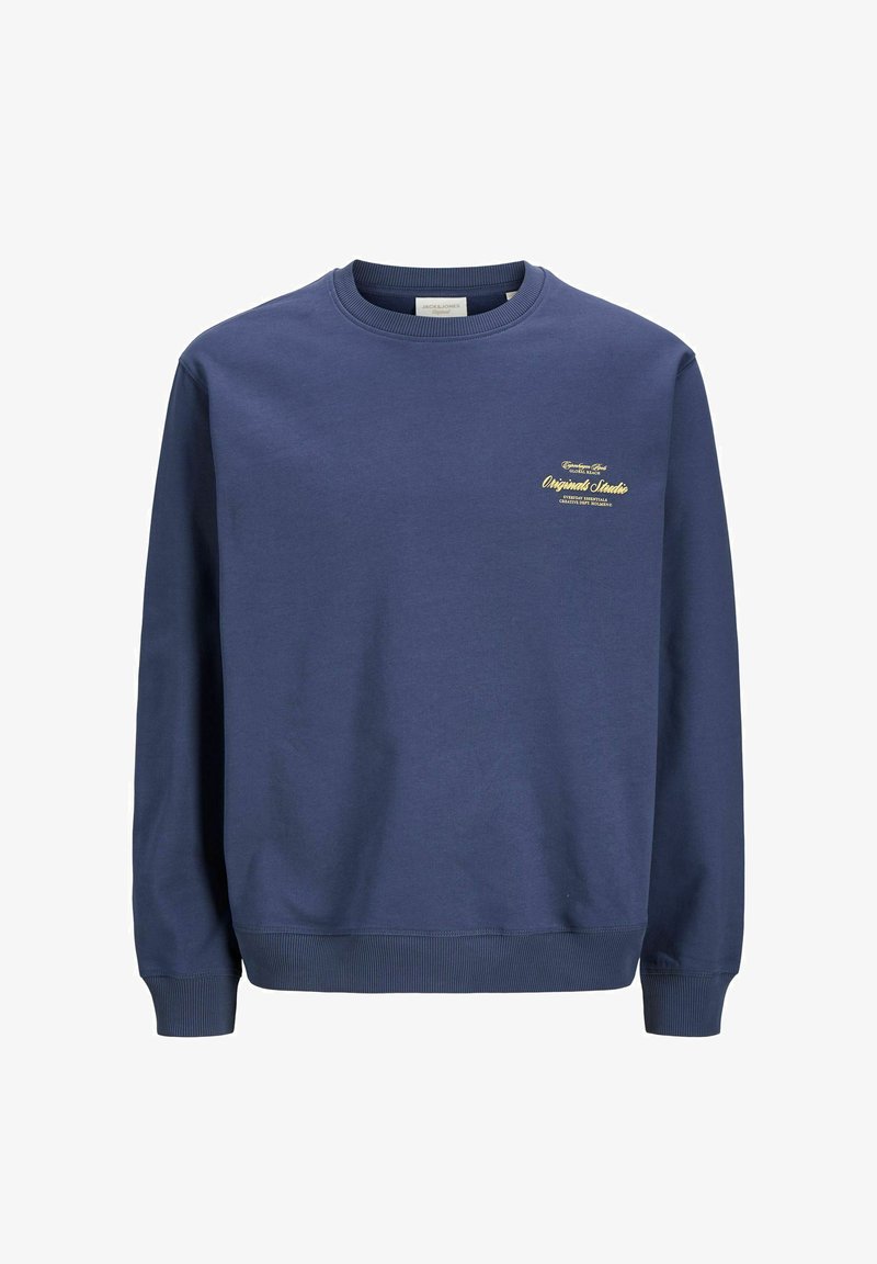 Sweat-shirt bleu marine à col rond avec manches longues et petit logo texte jaune sur la poitrine gauche indiquant "Originals Studio".