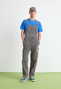 Gray denim overalls with front pockets, paired with a blue t-shirt and green skate shoes. Includes a gray cap. Plain background, green floor.