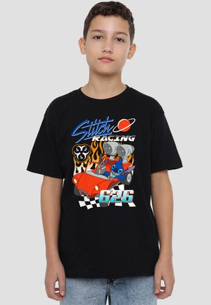 Black t-shirt featuring a graphic of a red race car with a character and flames, text reads "Stitch Racing" and "626" in bold colors.