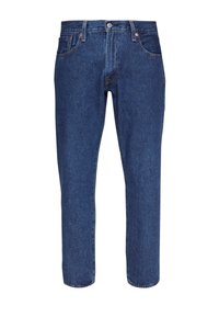 Denimjeans in einer mittelblauen Waschung mit geradem Beinanschnitt, ausgestattet mit einem Fünf-Taschen-Design und Akzenten in Kupferfarbe an Knöpfen und Nieten.