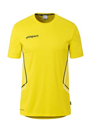 Yellow short-sleeve sports shirt with black and white side stripes and "uhlsport" logo on the upper left chest.