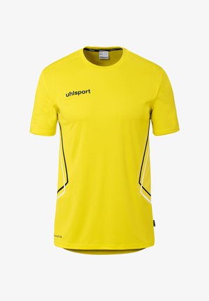 Gelbes Sportshirt mit kurzen Ärmeln, schwarzen und weißen Seitenstreifen und „uhlsport“-Logo auf der oberen linken Brust.
