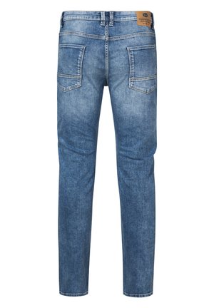 Jeans in denim blu con design a gamba dritta, caratterizzati da due tasche posteriori e un'etichetta in pelle marrone sulla vita. Tessuto denim testurizzato.