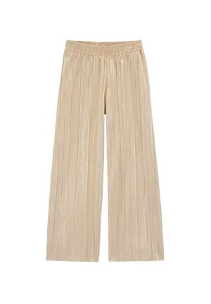 Béžové nohavice s širokými nohavicami, vertikálnymi záhybmi a elastickým pásom, znázornené položene na bielom pozadí.