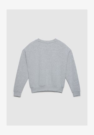 Felpa grigia, tessuto di cotone, collo rotondo, maniche lunghe, polsini e orlo a coste, texture liscia, design semplice, colore uniforme, senza motivi.