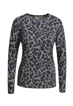 Long-sleeve top in grey fabric with a black leopard print pattern, featuring a round neckline and a relaxed fit.