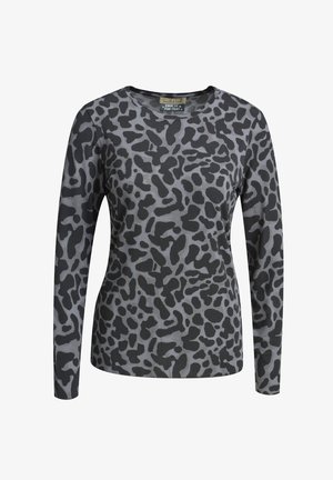 Long-sleeve top in grey fabric with a black leopard print pattern, featuring a round neckline and a relaxed fit.