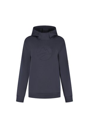 Donkerblauwe sweatshirt met lange mouwen en hoge kraag, verstelbare capuchon met trekkoorden en reliëf berglogo op de borst.