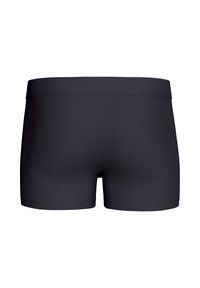 Schwarze Badehose aus glattem Stoff, mit einem breiten elastischen Bund und einer engen Passform. Keine sichtbaren Muster oder Akzente.