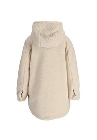 Kremowa polarowa kurtka z kapturem, charakteryzująca się teksturowaną powierzchnią, luźnym fasonem i elastycznymi mankietami.