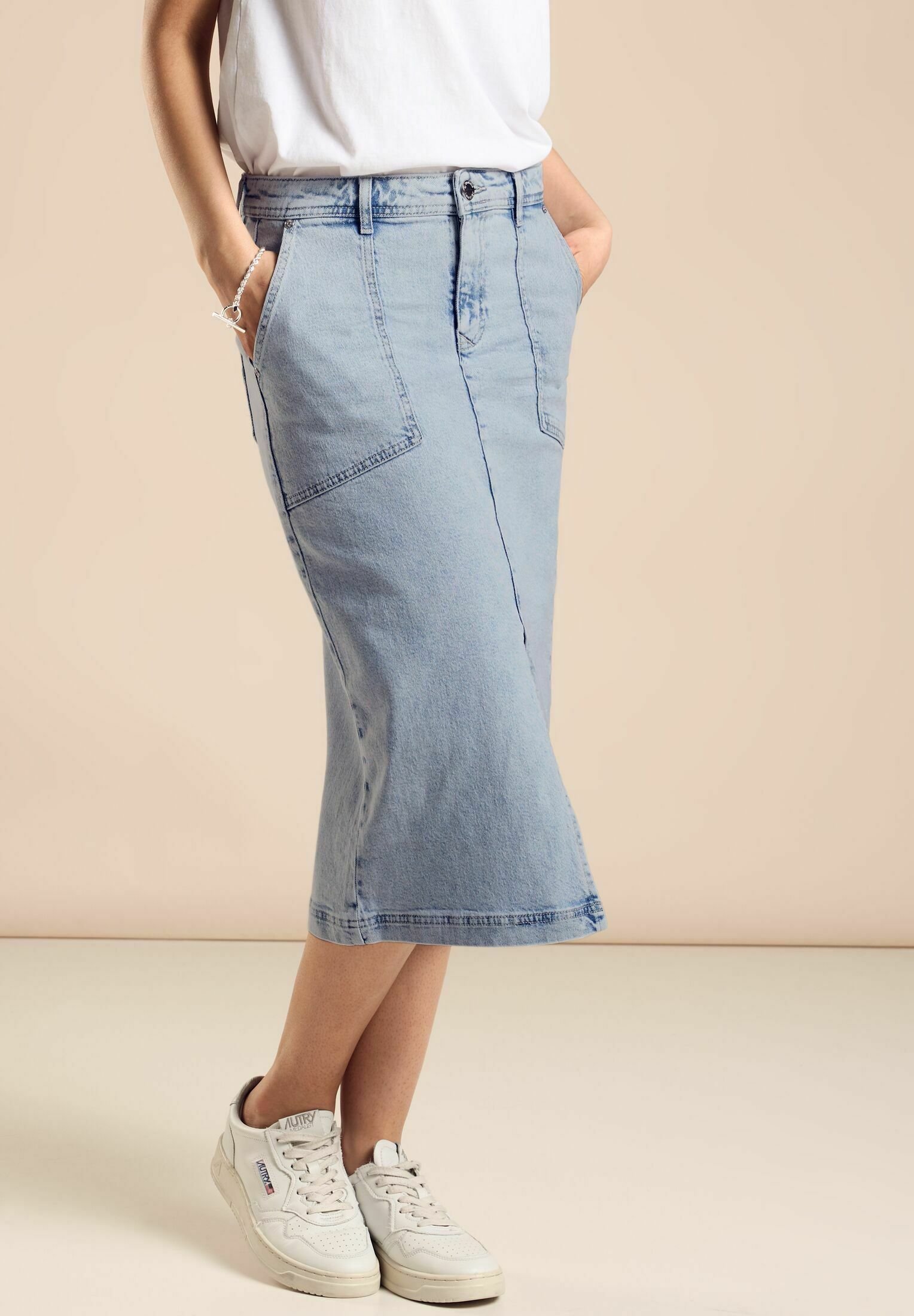 Street One Damen Midi Pencil Jeansrock – Mit 5-Pocket, Schlitz & Stretch, Blaue Waschung