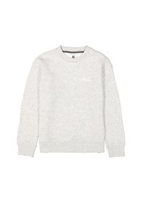 Sudadera gris claro con mangas largas, cuello redondo, puños y dobladillo acanalados. Presenta un logotipo sutil en el pecho. Material de mezcla de algodón.