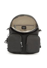 Zaino in nylon nero Kipling con forma arrotondata, zip superiore, due tasche frontali, foderatura interna beige e etichetta del marchio all'interno.